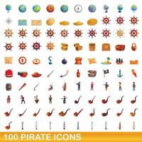 100 icone pirata impostate, stile cartone animato vettore