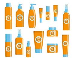 set di bottiglie e tubi spf. protezione solare e protezione solare. crema solare, lozione, collezione spray. vettore