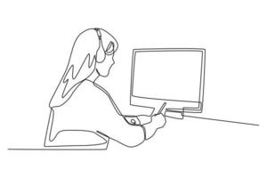 una singola linea di disegno giovane donna che studia e ascolta una lezione, guarda i webinar e scrive note guardando il laptop. illustrazione vettoriale grafica di disegno a linea continua.