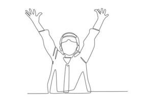 un disegno continuo di una linea felice ragazzo con occhiali protettivi alza la mano. concetto di scienziato. illustrazione grafica vettoriale di disegno a linea singola.
