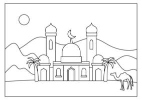 pagina da colorare della moschea per l'attività dei bambini musulmani vettore