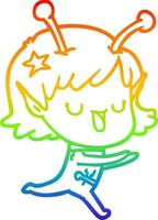 arcobaleno gradiente linea disegno felice ragazza aliena cartone animato vettore