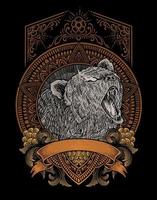 illustrazione vintage orso grizzly con incisione style vettore