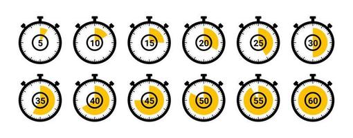collezione di icone del timer. set di icone del cronometro del timer. conto alla rovescia da 0 a 60 secondi. vettore