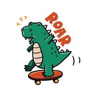 gioioso dino gioca a skateboard. disegno disegnato a mano dell'illustrazione sveglia del dinosauro. simpatico dinosauro in stile infantile. vettore