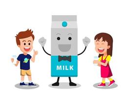 bambini felici con il personaggio della grande scatola del latte vettore