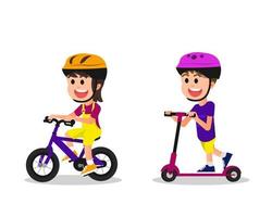 felice bambina e ragazzo in sella a bicicletta e scooter vettore