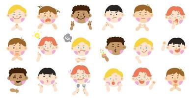 mescolare diversi varie nazionalità diversità diversi ragazzi bambini bambini diverse espressioni emozioni emoticon emotive mano doodle personaggi sentimenti facce collezione set icona illustrazione vettoriale