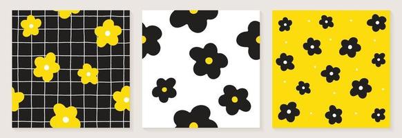 carino margherita fiore bianco nero giallo colore coriandoli stile piatto tessuto tessile griglia linea controllo senza cuciture motivo sfondo botanico prato estate primavera set di carte collezione fascio illustrazione vettoriale