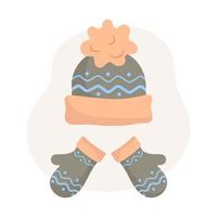 i bambini carini hanno lavorato a maglia con caldi accessori autunnali e invernali. caldo cappello e guanti da ragazza per bambini. copricapo e accessori, accessorio per abbigliamento per bambini per la stagione fredda. illustrazione vettoriale piatta.
