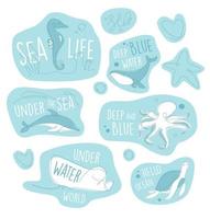 set di adesivi per la vita marina a una linea. emblema di animali di contorno subacqueo. collezione di lettere di oceano e vita marina line art. vettore