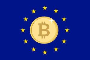 bandiera dell'unione europea e moneta bitcoin. regolamento fiscale sulle criptovalute in europa vettore