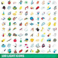 100 icone luminose impostate, stile 3d isometrico vettore
