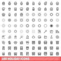 100 icone di vacanza impostate, stile contorno vettore