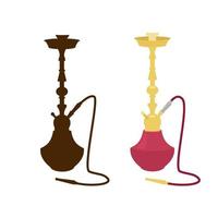 narghilè silhouette nera ea colori. shisha dorato con vetro rosso. vettore del fumetto. isolato su bianco.