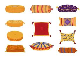 cuscini decorativi colorati isolati su bianco. cuscini per interior design marocchino, arabo o indiano. vettore impostato in stile cartone animato.