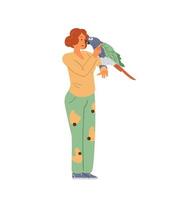 donna che tiene e accarezza il pappagallo. illustrazione vettoriale piatta del proprietario dell'animale domestico felice. isolato su bianco.