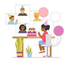 festa di compleanno online per bambini. la ragazza di compleanno afroamericana con torta e palloncini festeggia con gli amici in videoconferenza. illustrazione vettoriale piatta.