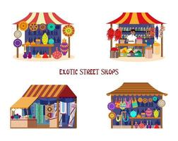 insieme vettoriale di negozi di strada esotici in stile cartone animato piatto. set mercato asiatico. negozio di spezie con commerciante, negozio di ceramiche, negozio di tessuti e tappeti, negozio di souvenir.