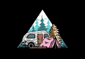 camper a goccia e tenda davanti all'illustrazione dell'albero di pino vettore