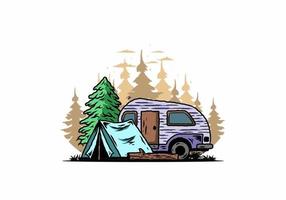 camper a goccia e tenda davanti all'illustrazione dell'albero di pino vettore