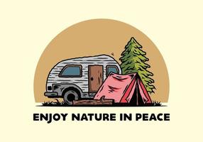 camper a goccia e tenda davanti all'illustrazione dell'albero di pino vettore