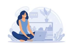 giovane donna seduta sul pavimento e lavorando su un laptop, illustrazione vettoriale piatta freelance