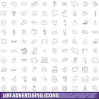 100 icone pubblicitarie impostate, stile contorno vettore