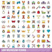 100 set di icone del museo, stile cartone animato vettore