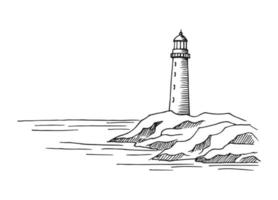 paesaggio marino. faro. illustrazione disegnata a mano convertita in vettore. vettore grafico dell'illustrazione dello schizzo del paesaggio della costa del mare.