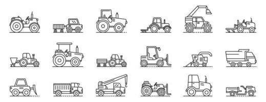 macchine agricole set di icone, stile contorno vettore
