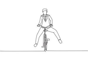 singolo disegno a tratteggio felice giovane uomo che indossa un abito che va alla celebrazione del matrimonio in bicicletta. veicolo di trasporto ecologico e sano. illustrazione vettoriale grafica di disegno a linea continua