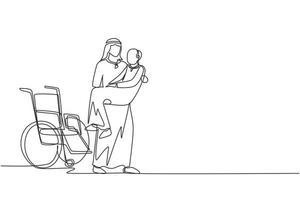 un disegno continuo di una linea amorevole figlio arabo prese il suo vecchio padre disabile dalla sedia a rotelle portandolo in braccio. uomo anziano felice negli abbracci del suo bambino forte. grafica vettoriale di disegno a linea singola