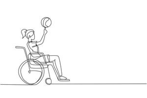 disegno continuo di una linea ragazza carina in sedia a rotelle gioca a basket. la persona disabile fa girare la pallacanestro sul dito. esercizio per le persone con disabilità. illustrazione vettoriale di disegno a linea singola