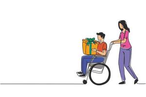 disegno continuo di una linea giovane donna e uomo disabile in sedia a rotelle. donna che fa shopping e regala una confezione regalo all'uomo. riabilitazione della disabilità, assistenza agli invalidi. vettore di disegno a linea singola