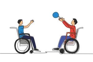 disegno a linea continua singola gioioso giovane disabile in sedia a rotelle che gioca a basket. concetto di sport adattivo per disabili. illustrazione vettoriale di disegno grafico dinamico di una linea