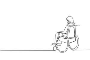 una sola linea che disegna il lato posteriore di una vecchia donna araba solitaria seduta su una sedia a rotelle, che guarda le foglie autunnali secche lontane. solitario, sconsolato, desolato, solitario. illustrazione del disegno vettoriale a linea continua