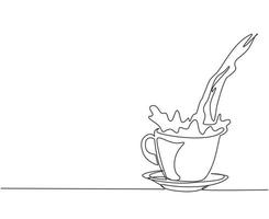 disegno continuo di una linea versando una tazza di caffè nero creando schizzi. caffè che fuoriesce dalla tazza. versare il caffè nel bicchiere di porcellana con la tazza vapore. illustrazione vettoriale di disegno a linea singola