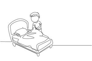 unico disegno a linea continua ragazzino che fa il letto. bambini che fanno le faccende domestiche a casa concetto. routine dei bambini dopo il risveglio per riordinare il letto. illustrazione vettoriale di un disegno grafico a una linea