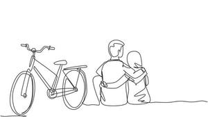 una sola linea che disegna indietro la vista di una romantica coppia adolescente seduta all'aperto con la bicicletta accanto a loro. uomo arabo e donna innamorata. felice coppia di sposi. vettore grafico di disegno di linea continua