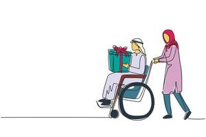 disegno a una linea singola donna araba e maschio disabile in sedia a rotelle. donna che fa shopping e regala una confezione regalo all'uomo. riabilitazione della disabilità, assistenza agli invalidi. vettore di disegno a linea continua