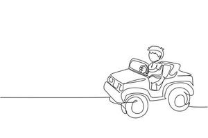 singolo disegno a tratteggio ragazzo che guida l'auto, bambino felice e carino. carino ragazzino sorridente felice guida auto giocattolo. viaggio dei bambini in macchina piccola. illustrazione vettoriale grafica moderna con disegno a linea continua