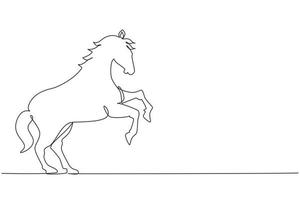 un'unica linea che disegna un orgoglioso cavallo bianco che cammina con grazia con lo zoccolo anteriore in avanti. il mustang selvaggio galoppa nella natura libera. forte mascotte animale. vettore grafico moderno di disegno di linea continua