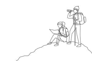 disegno continuo di una linea coppia uomo donna escursionisti con zaini, binocolo e attrezzatura da escursionismo lettura mappa del percorso. in cerca di direzione, luogo di trekking. illustrazione vettoriale di disegno a linea singola