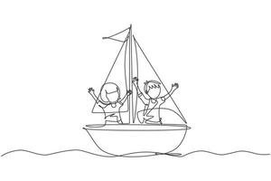 un disegno continuo di una linea sorridente ragazzo e ragazza in barca a vela insieme. bambini felici barche a vela. bambini carini in barca. gioiose avventure e viaggi. illustrazione grafica vettoriale di progettazione a linea singola