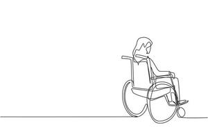 una sola linea che disegna il lato posteriore di una vecchia solitaria seduta su una sedia a rotelle e che guarda le foglie autunnali secche lontane all'esterno. solitario, sconsolato, desolato, solitario. vettore di disegno a linea continua