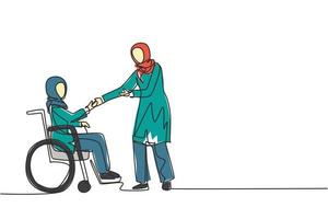 lavoro per disabili, lavoro per disabili. disabilitare la donna araba sedersi in sedia a rotelle stringendo la mano con il collega in ufficio. illustrazione vettoriale di disegno a linea singola