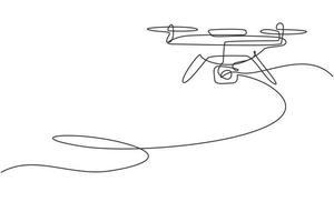 drone aereo telecomandato con disegno a linea continua. drone volante con videocamera d'azione. creazione di fotografia con droni e video con droni. quadrirotore con fotocamera. grafica vettoriale di disegno a linea singola