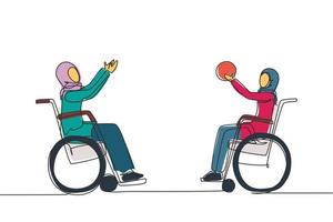 disegno continuo di una linea gioiosa giovane donna araba disabile in sedia a rotelle che gioca a basket. concetto di sport adattivo per disabili. illustrazione grafica vettoriale di disegno a linea singola