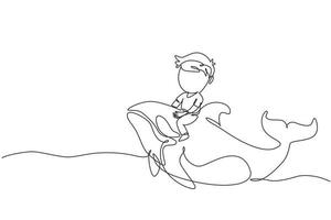 singolo disegno a tratteggio ragazzino in sella a un'orca. ragazzino seduto sul retro assassino di balene in piscina. assassino di balene o orca in acqua. illustrazione vettoriale grafica moderna con disegno a linea continua